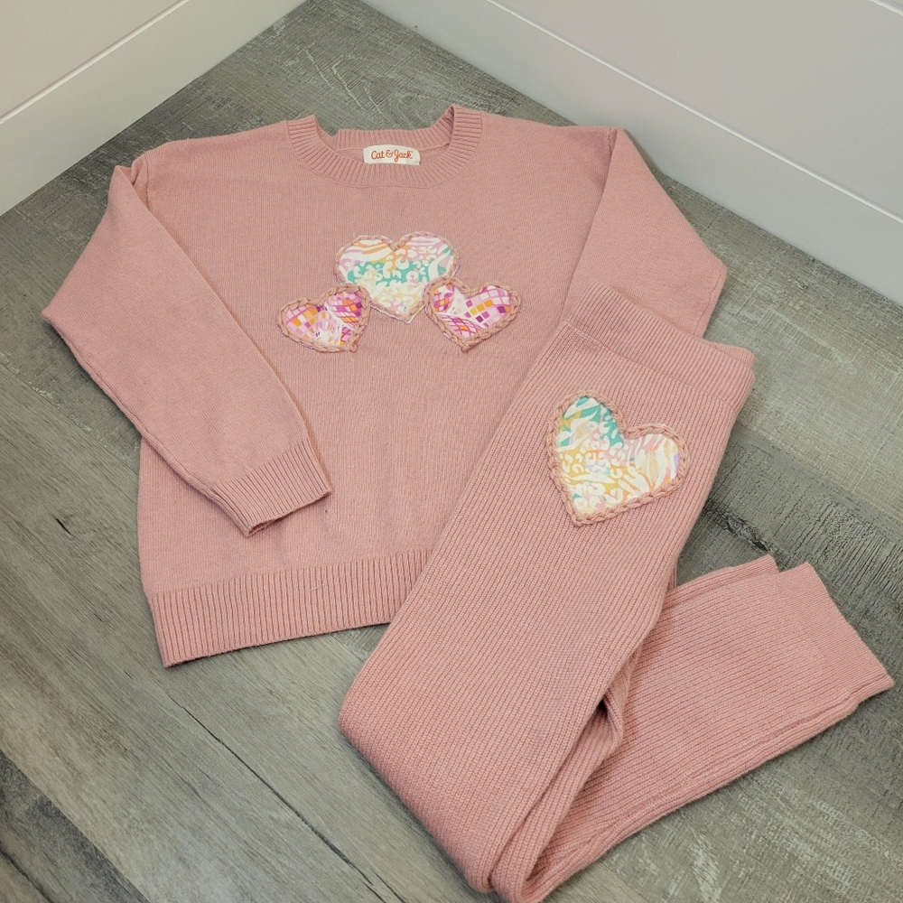 Pink Sweater and Pants Set with Sequin Hearts